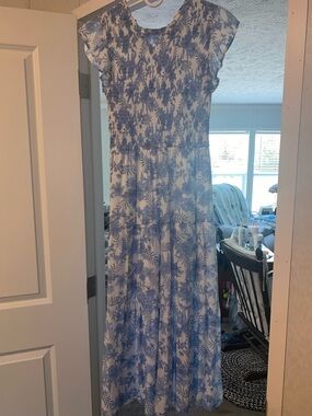 Blue and White Floral Maxi Dress with Smocked Bodice